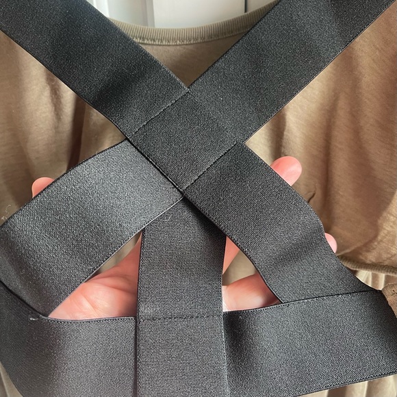 Elizabeth and James Olive/khaki and Black cross back top with ruched sleeves. - Picture 9 of 16